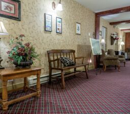 Main Hall at Zuber's Homestead Hotel with chairs, bench